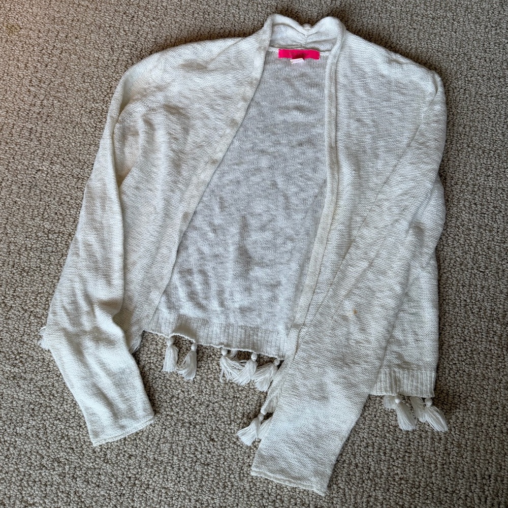 Lilly Pulitzer Cream Open-Front Fringe Hem Cardigan